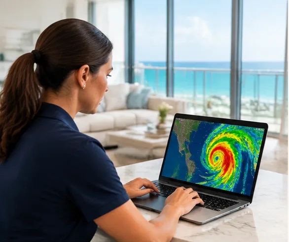 Property manager checking a hurricane map