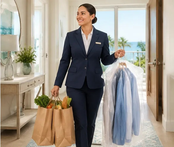 Concierge bringing shopping and dry cleaning into a residence